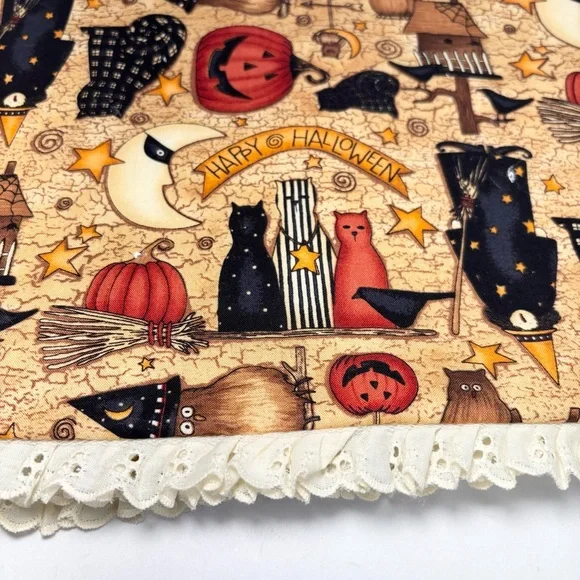Halloween Themed Oval Placemat Lace Trim Witch pumpkin cat orange fall decor 3 - Picture 3 of 7